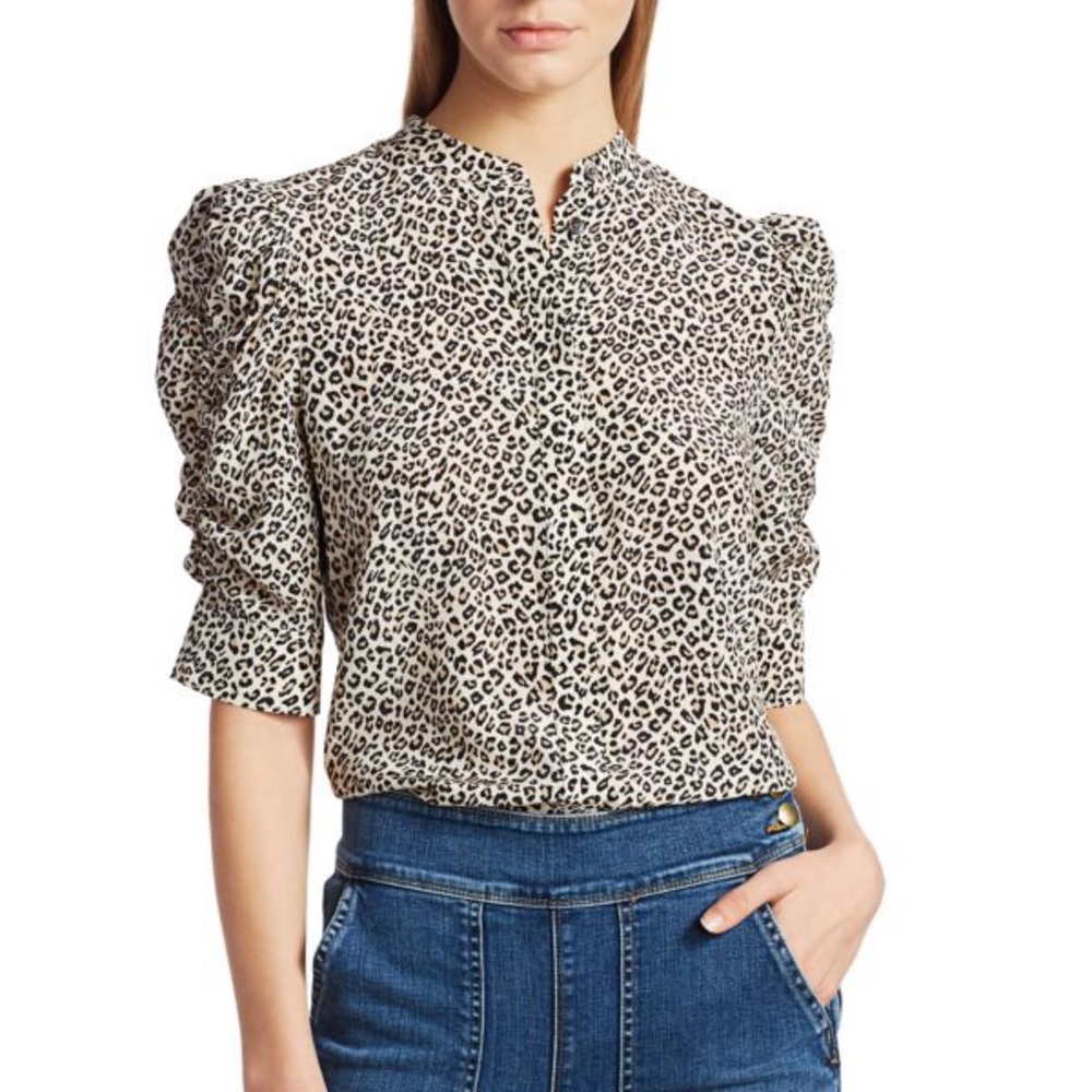 FRAME Leopard Print Puff Sleeve Silk Blouse
